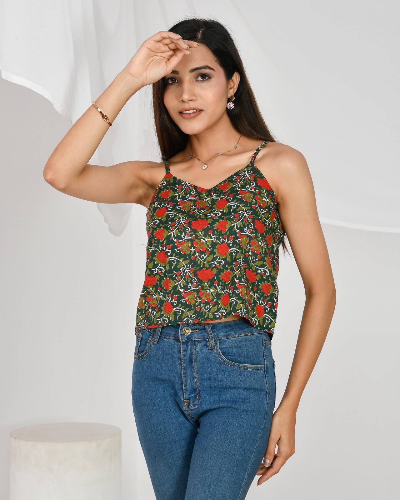 Bottle Green Jaal Spaghetti Top - KJ0172