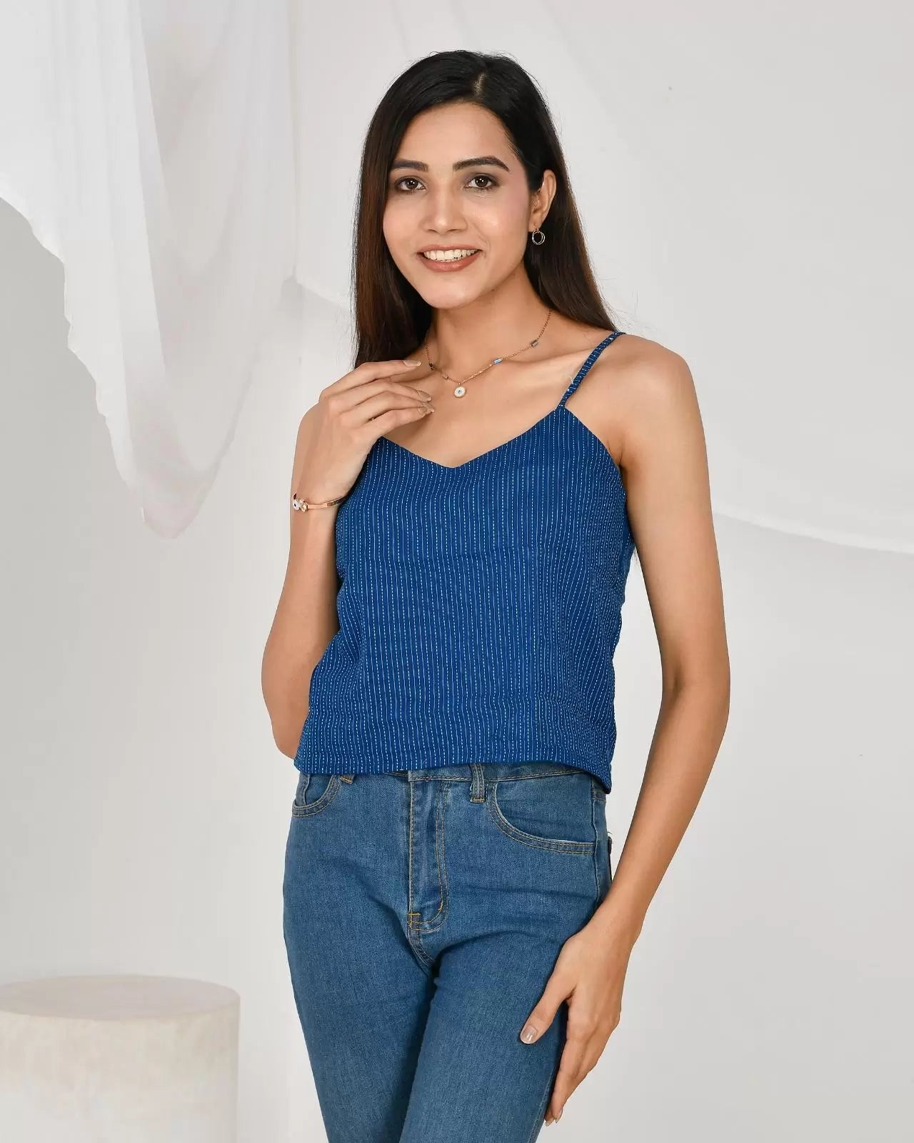 Berry Blue Cotton Kantha Spaghetti Top - KJ0167