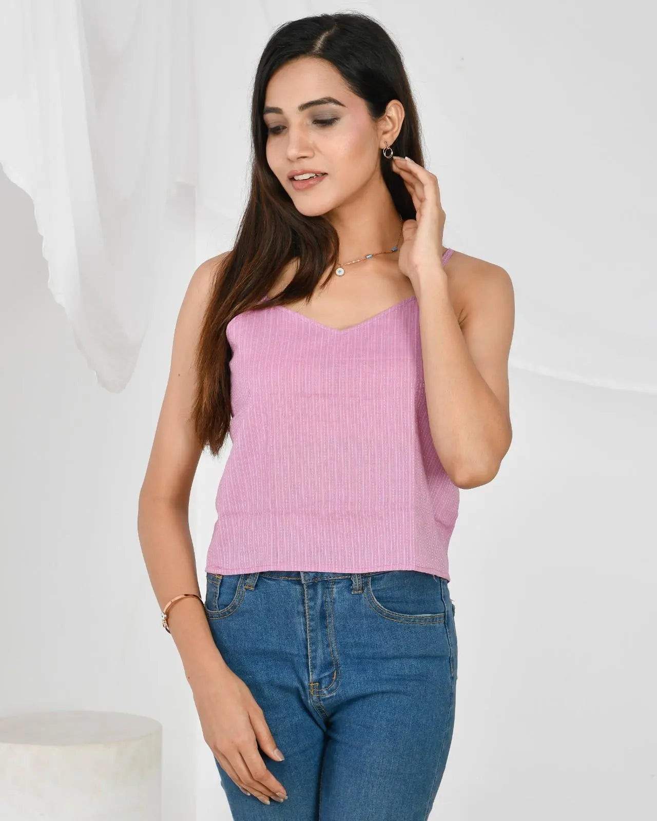 Lavender Cotton Kantha Spaghetti Top - KJ0168