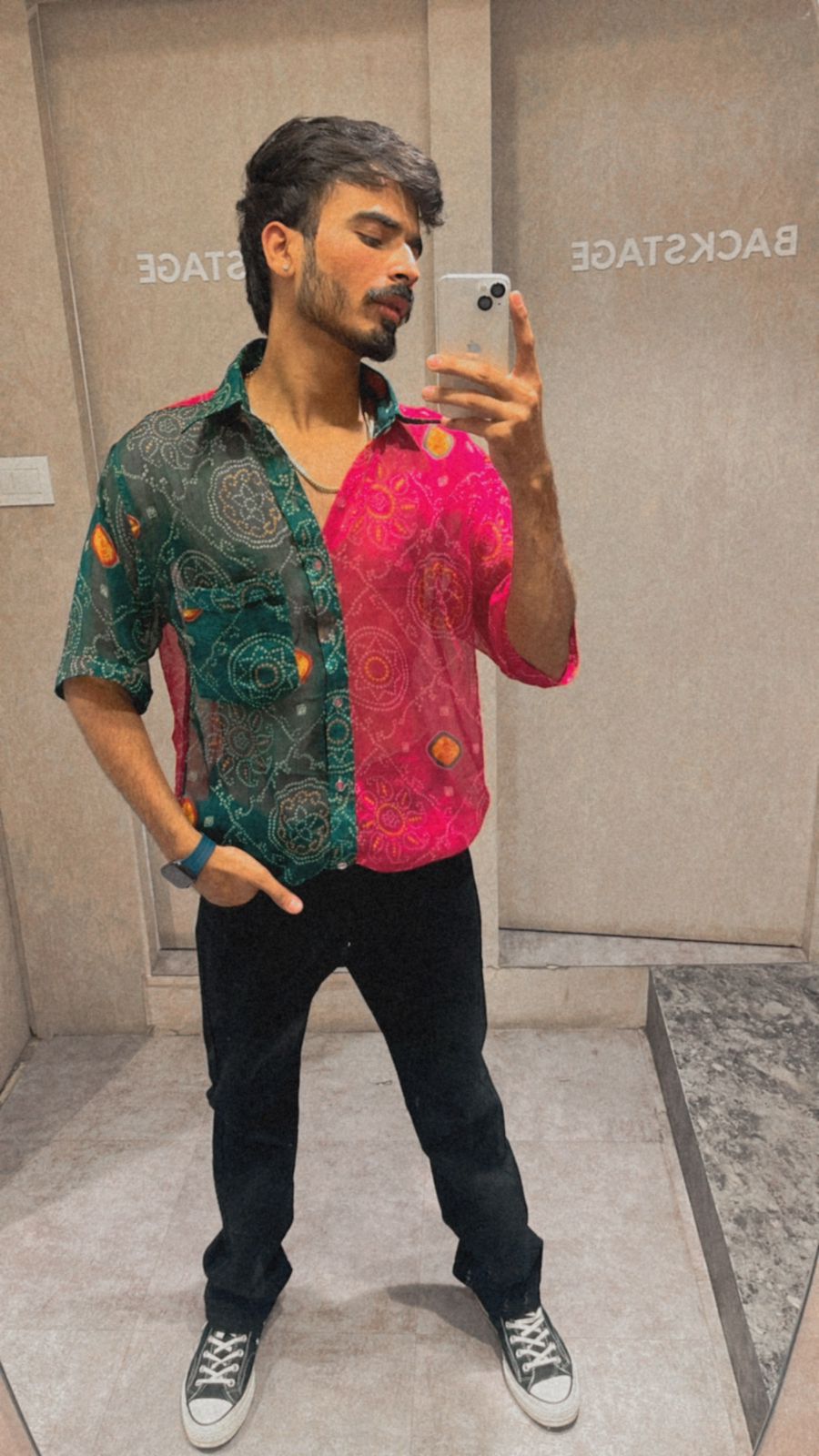 Pink Green Bandhej Chiffon Shirt - 350 - AA0379