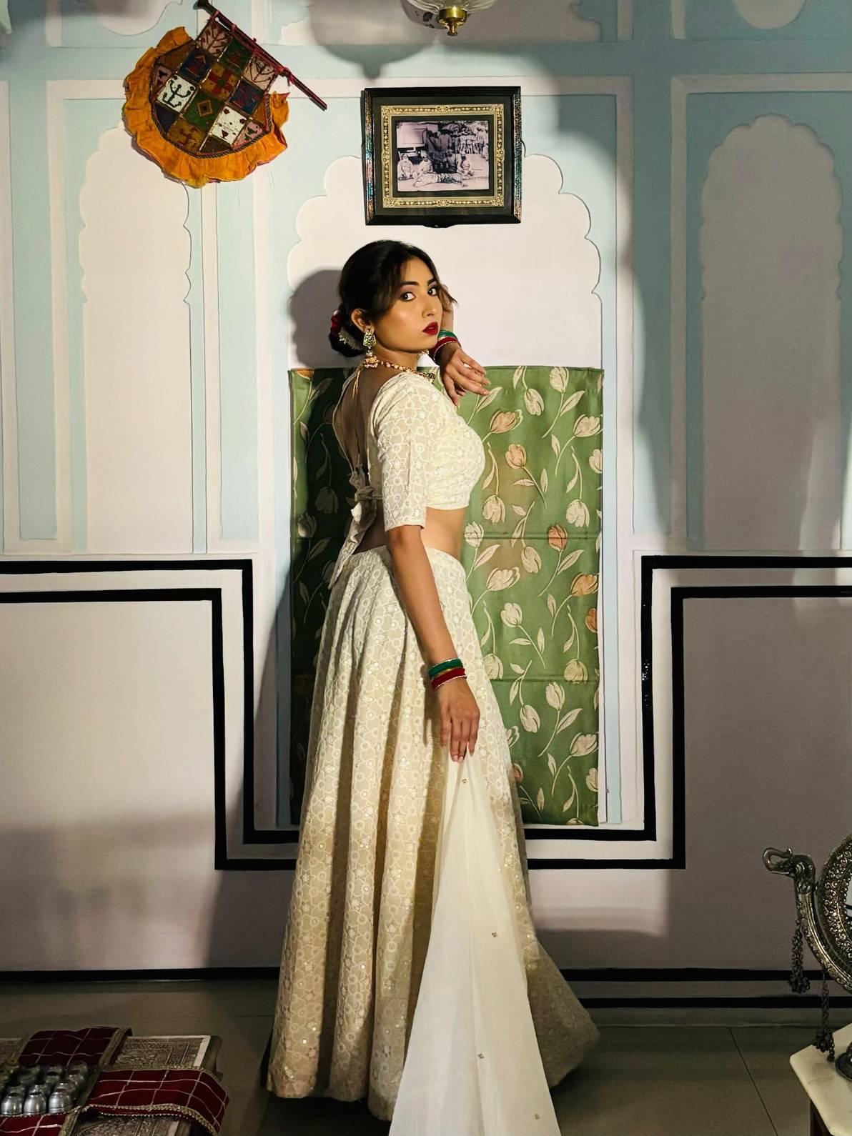 Off White Chikan Blouse , Handwork Dupptta and Lehanga - KJ0705