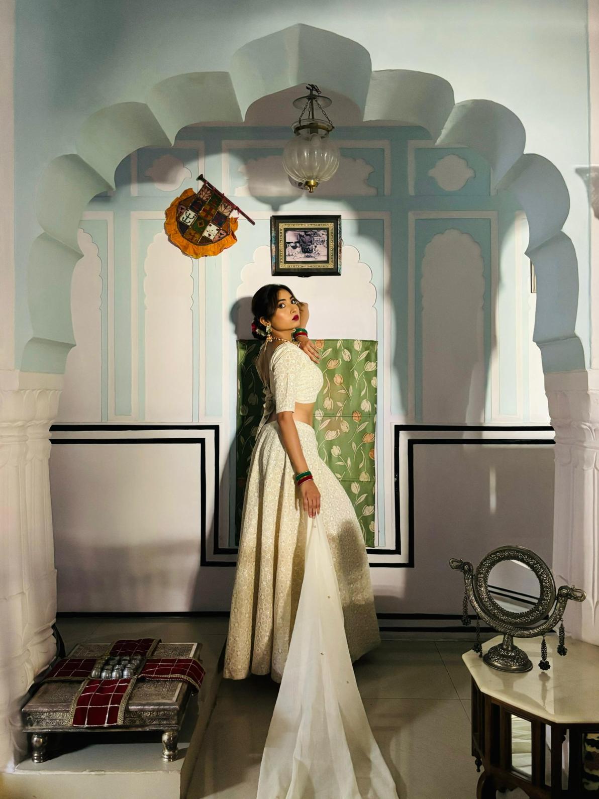 Off White Chikan Blouse , Handwork Dupptta and Lehanga - KJ0705