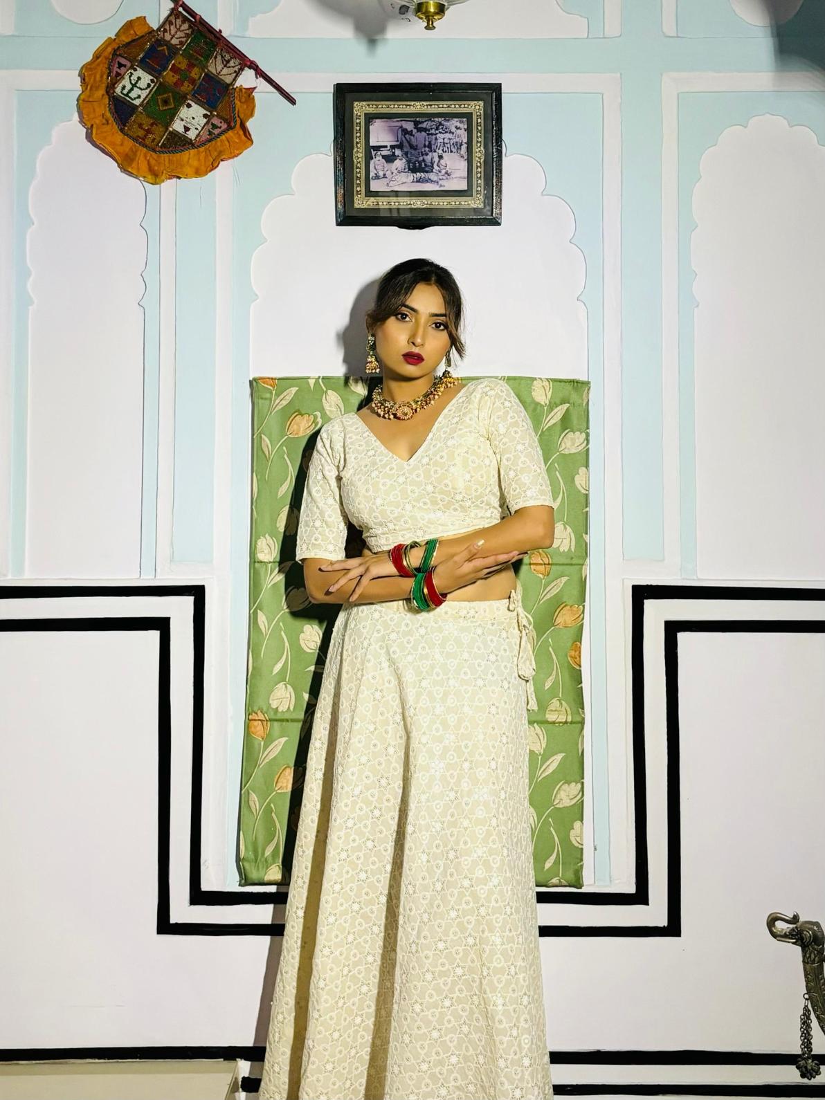 Off White Chikan Blouse , Handwork Dupptta and Lehanga - KJ0705