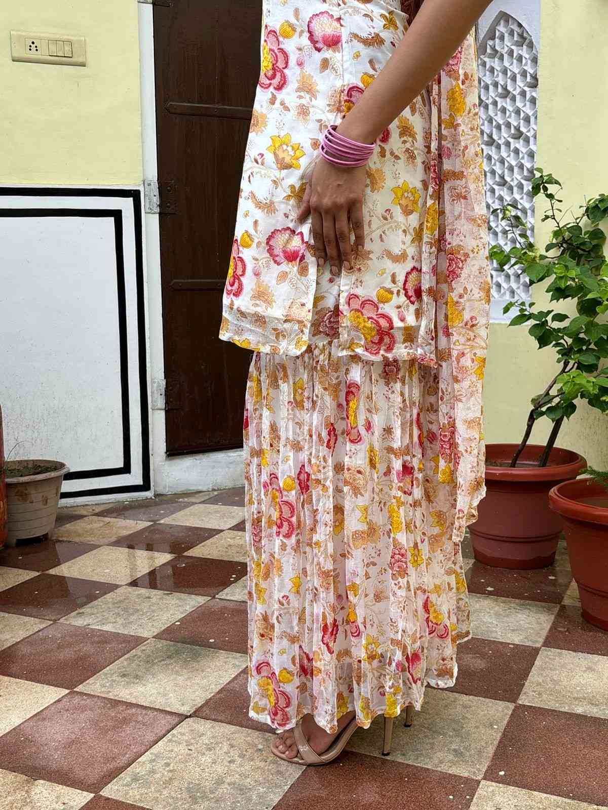 Floral Punjabi Sharrara Suit Set - AT0706