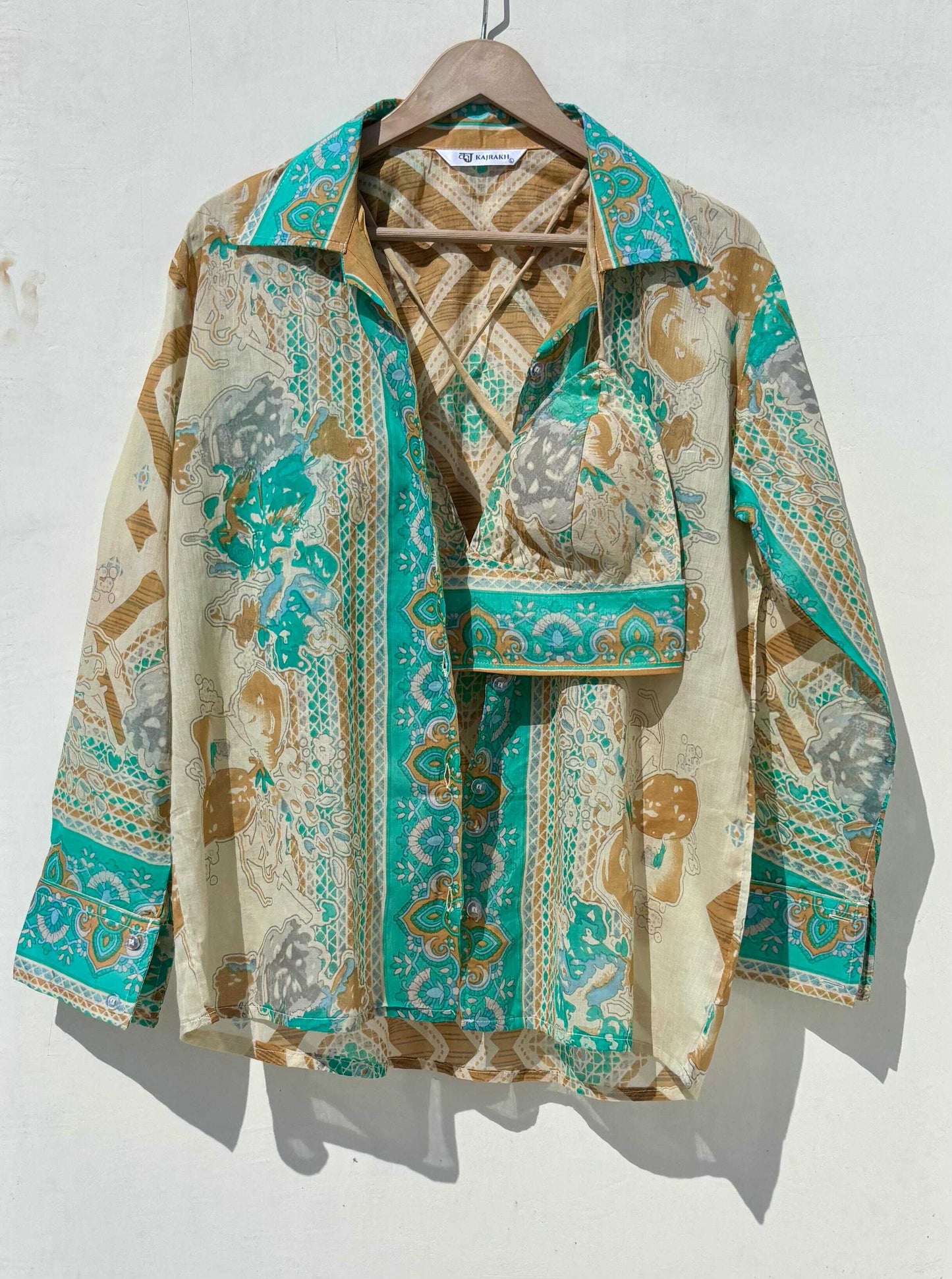 Cream Green Pastel Mul Shirt and Bra Combo - KJ0879