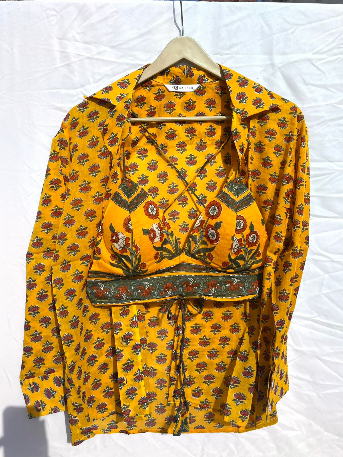 Yellow Small Butti Mul Shirt and Bra Combo - KJ10375