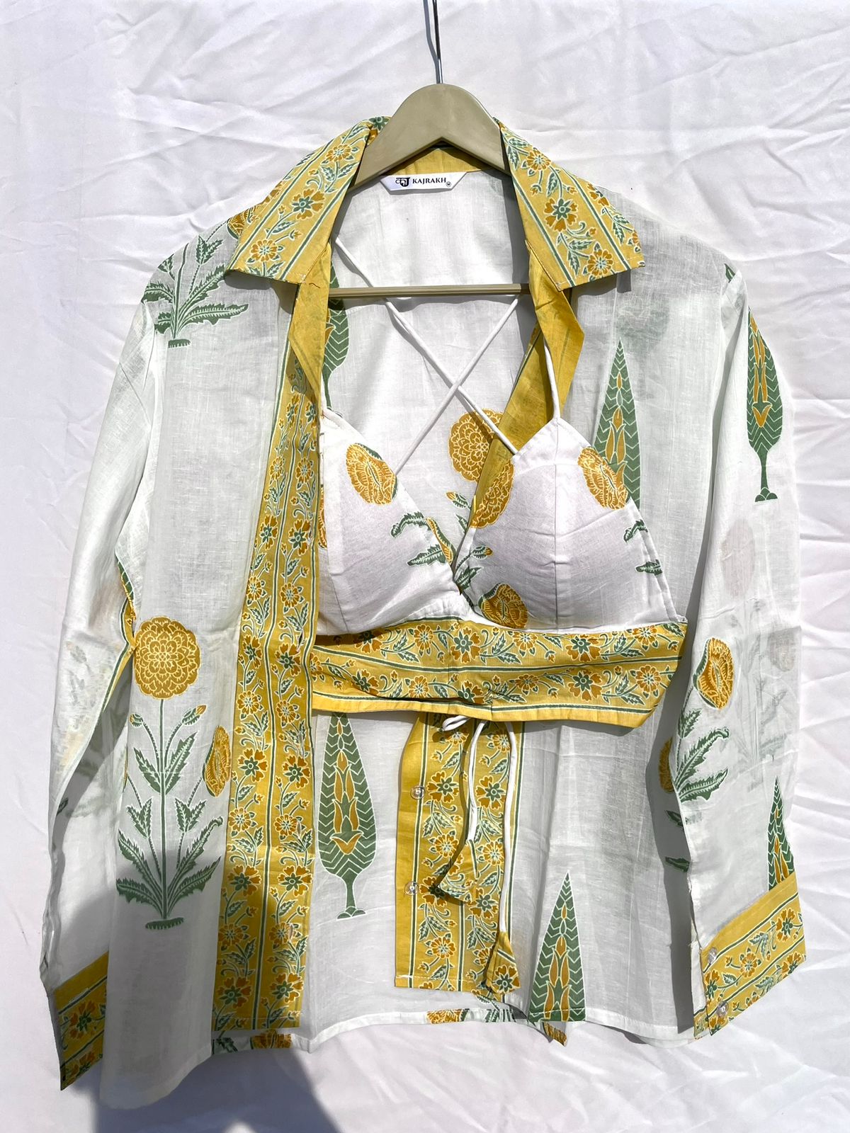 White Yellow Tree Mul Shirt and Bra Combo - KJ10378