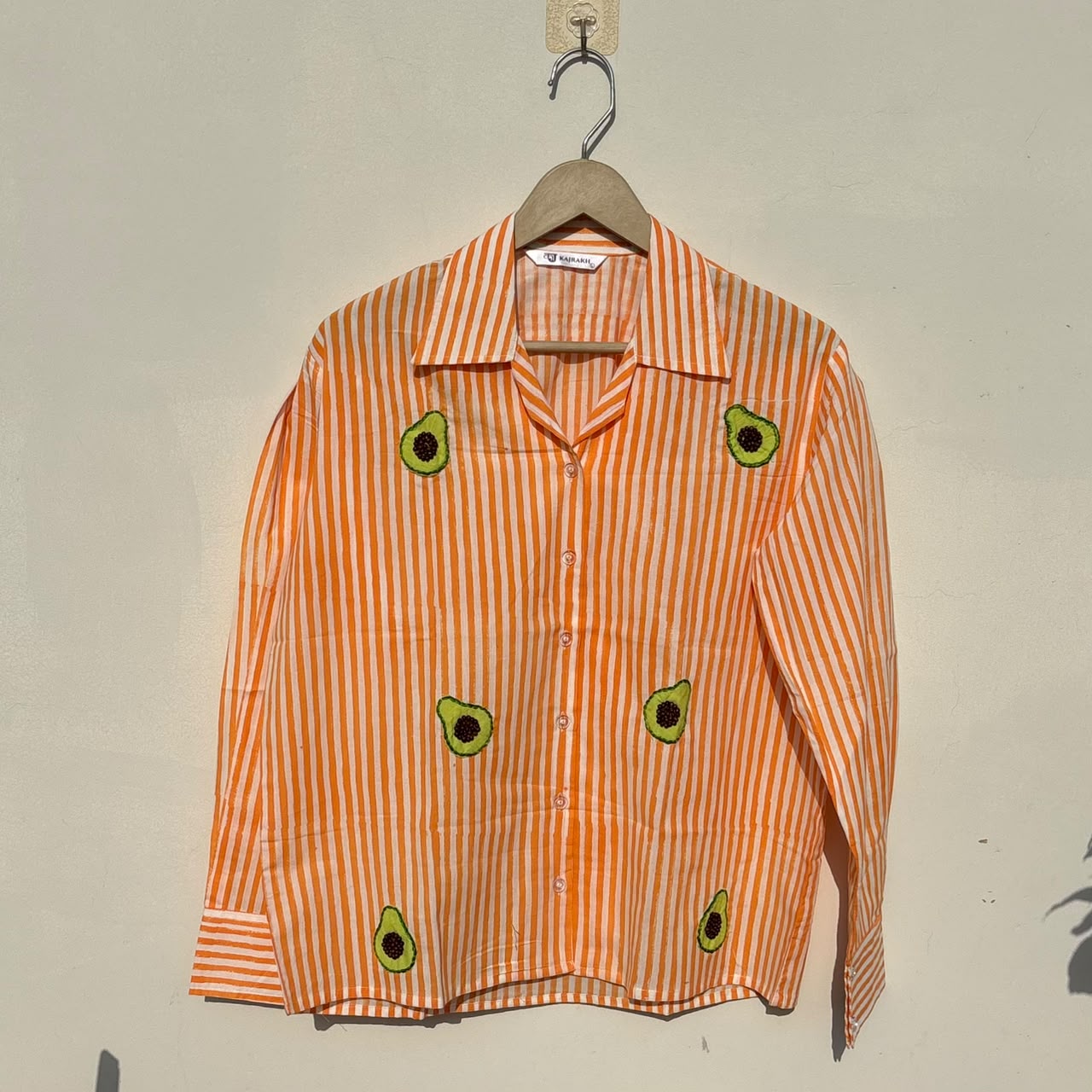 Orange HandBlock Stripe Avocado Handwork Patch EmbroideryWomen Shirt - KJ10465