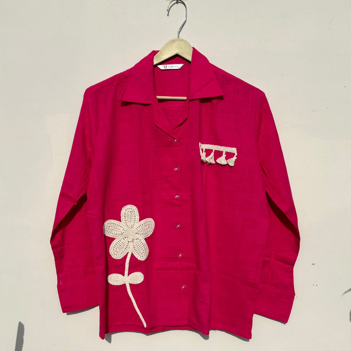 Pink Slub Floral Handwork Patch Women Shirt - KJ10464