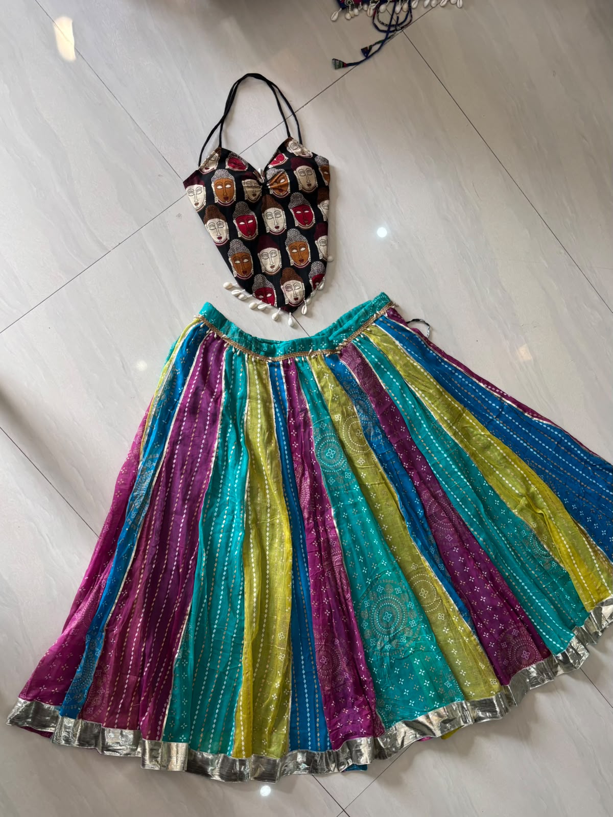 Navratri Black Mudra Padded Top & Horizontal Multicolor Skirt - 1400 - KJ10482