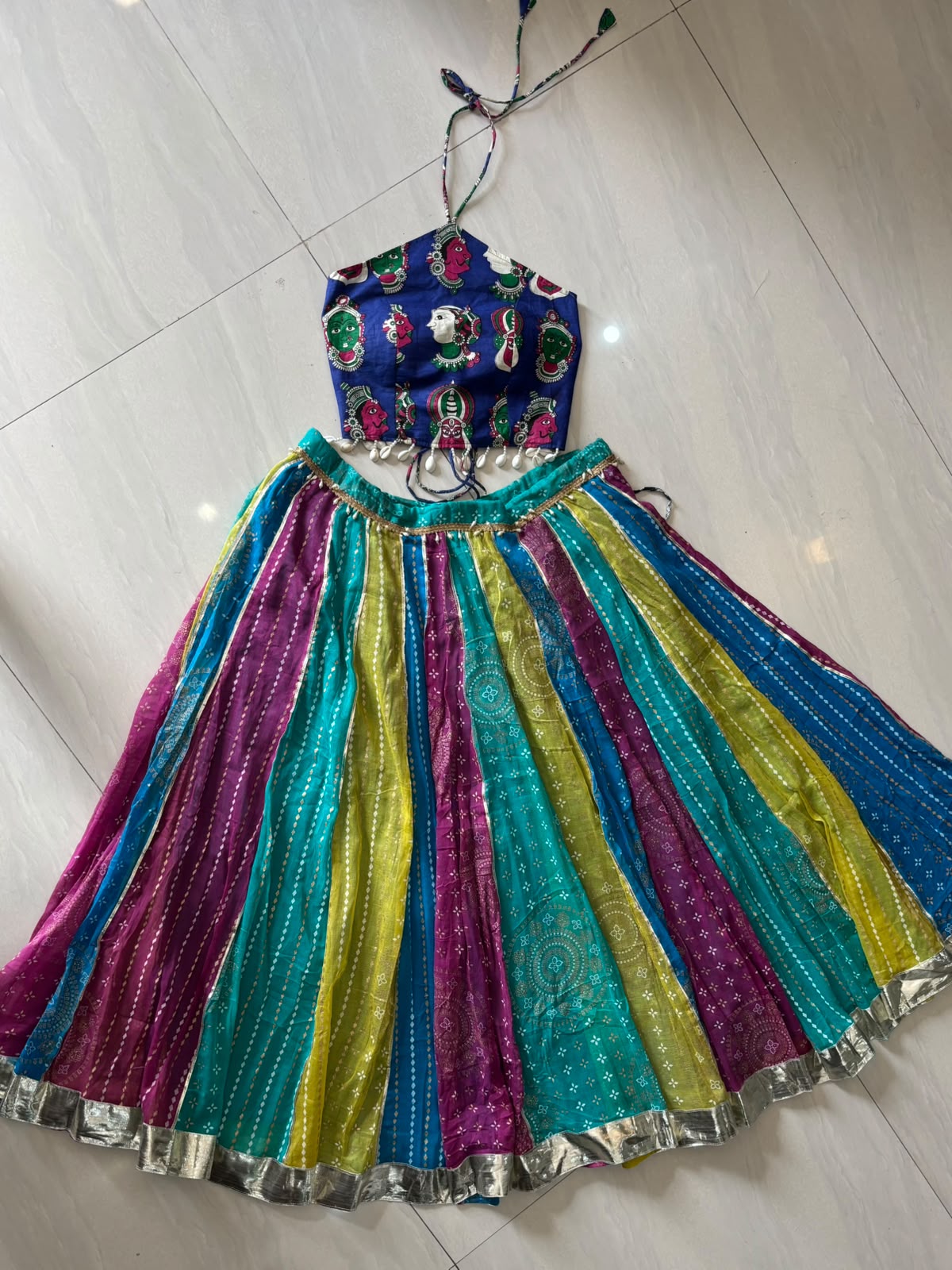 Navratri Blue Mudra Padded Top & Horizontal Multicolor Skirt - 1400 - KJ10481