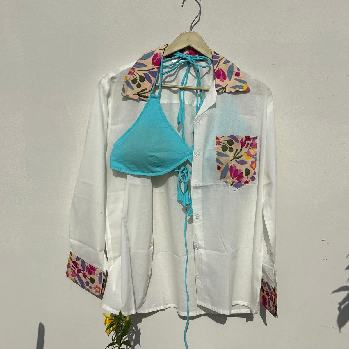Pink Floral Patch Shirt and Blue Snail Bra Combo - KJ10506
