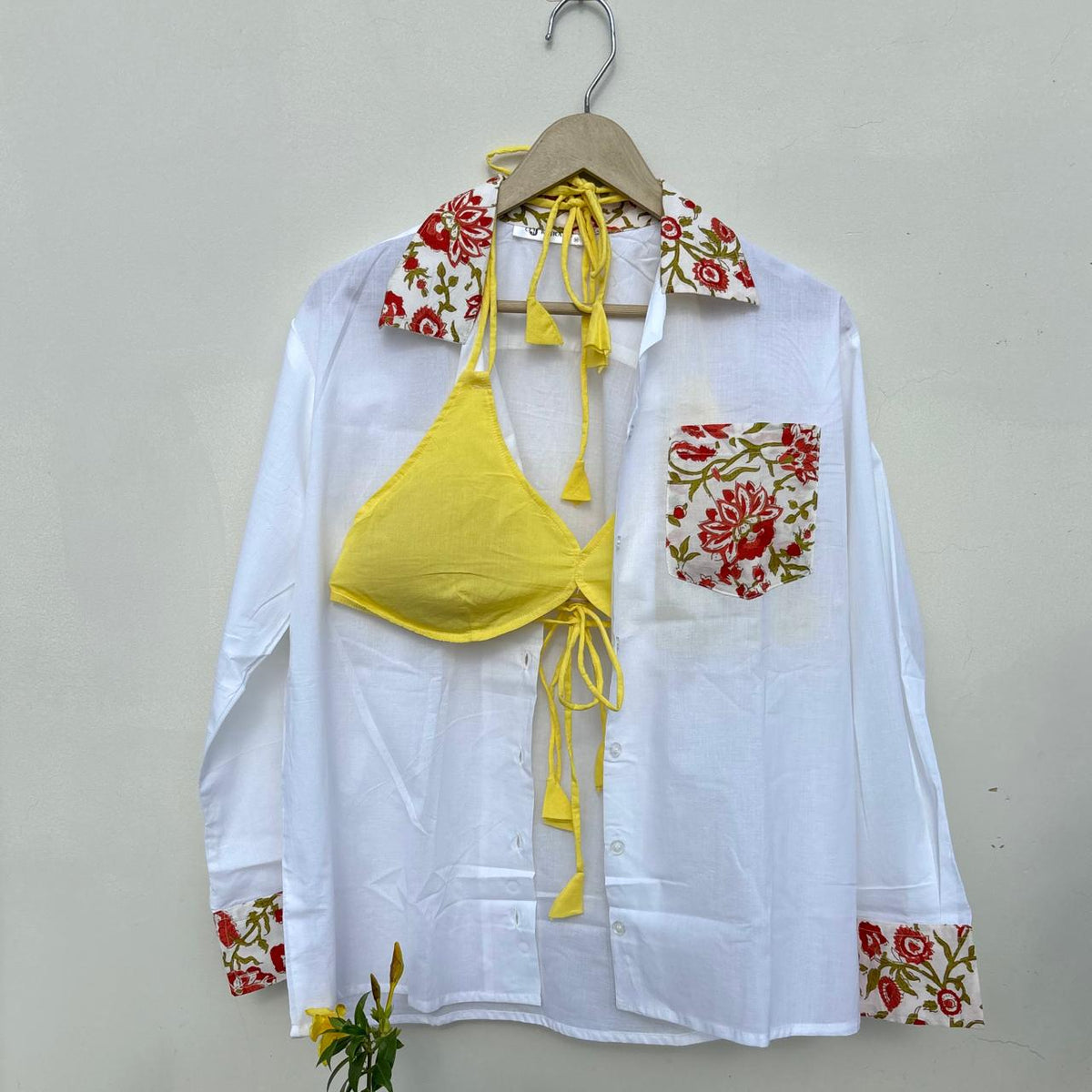Red Floral Patch Shirt and Yellow Snail Bra Combo - KJ10503