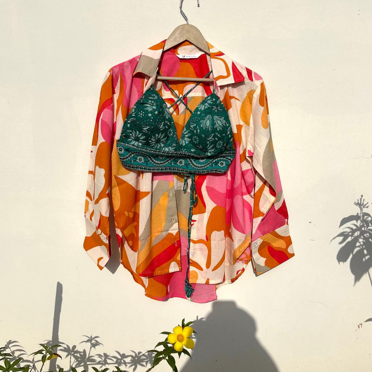 Pink Orange Abstract Shirt and Rama Green Bra Combo - KJ10501