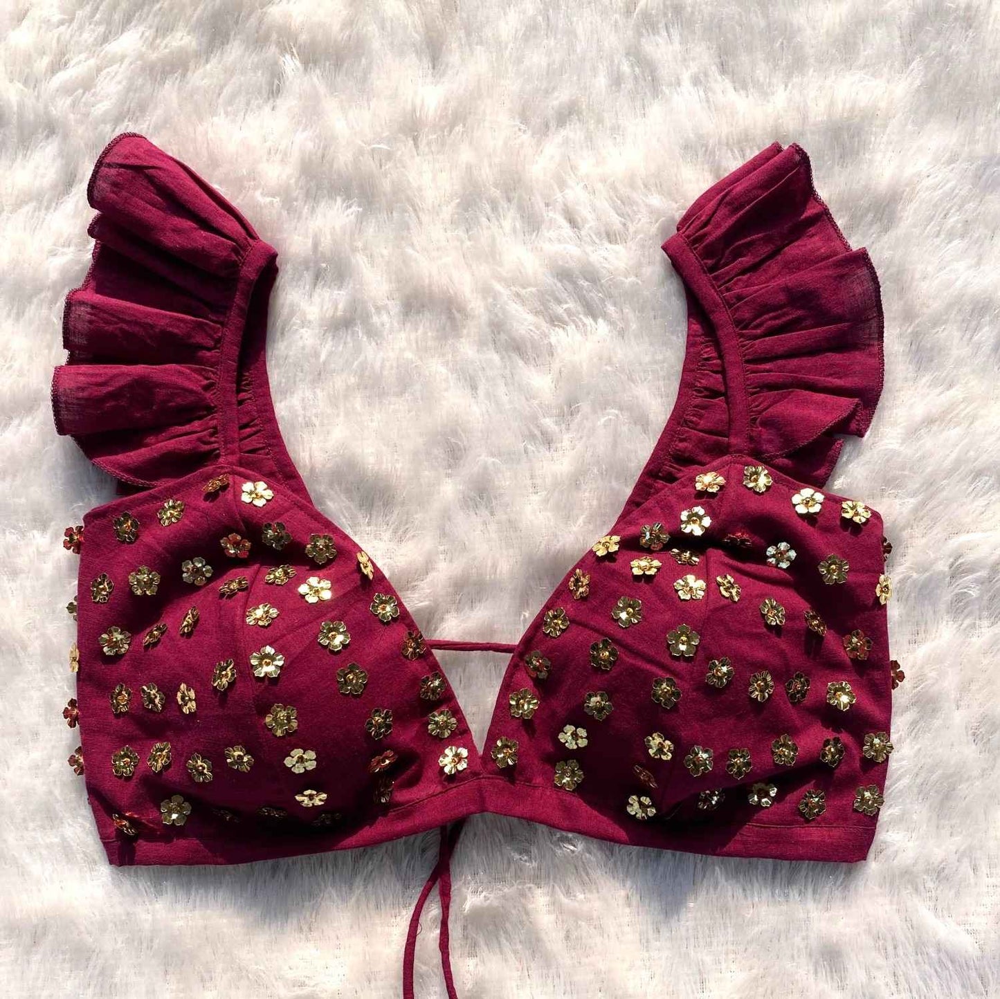 Wine Floral Sequin HandWork Bra - KJ0203