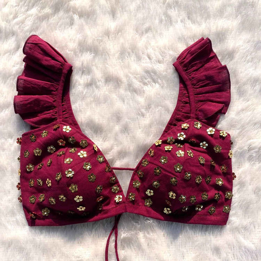 Wine Floral Sequin HandWork Bra - KJ0203