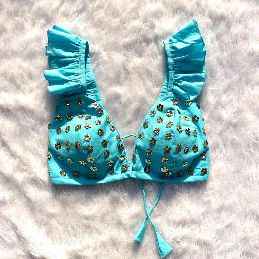 Blue Floral Sequin HandWork Bra - KJ0201