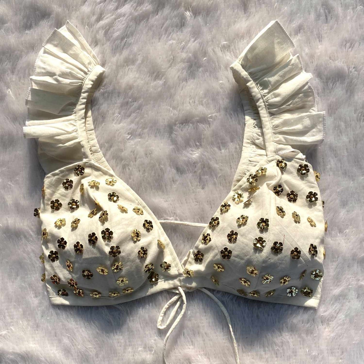 White Floral Sequin HandWork Bra - KJ0204