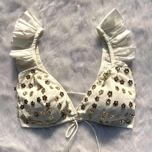 White Floral Sequin HandWork Bra - KJ0204