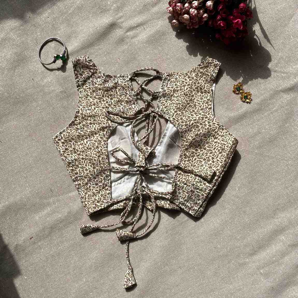 Cream Brown Jaal Deep V Neck Cotton Blouse - 700 - FAL10190