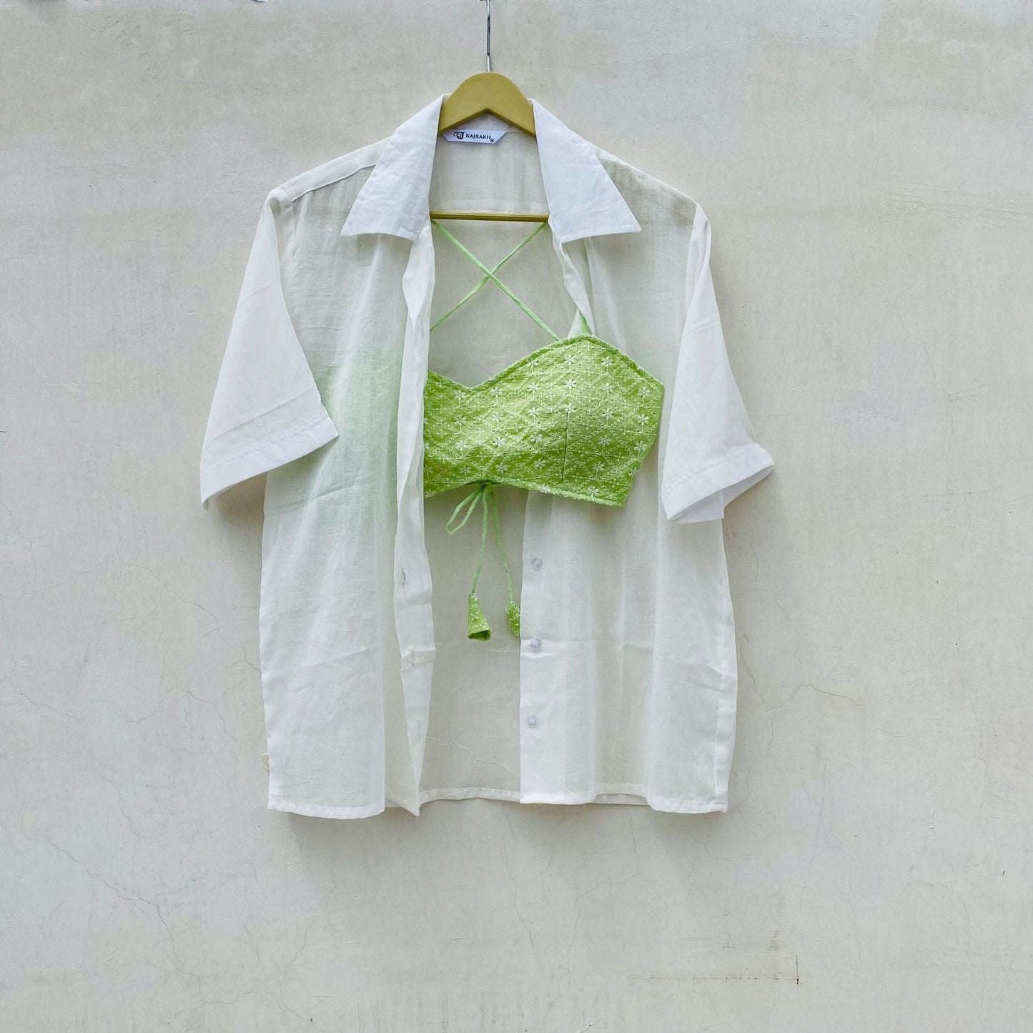 White Mul Shirt and Green Chikan Bra Combo - KJ10075