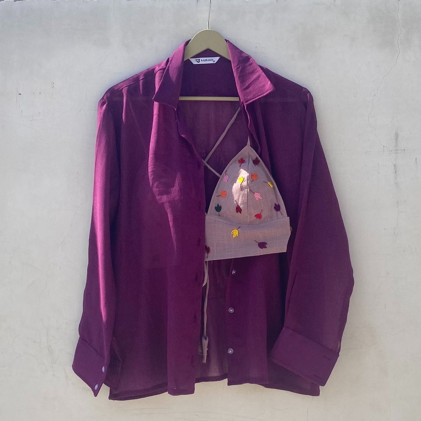 Wine Mulmul Patel Hand Embroidery Shirt and Bra Combo - KJ10201