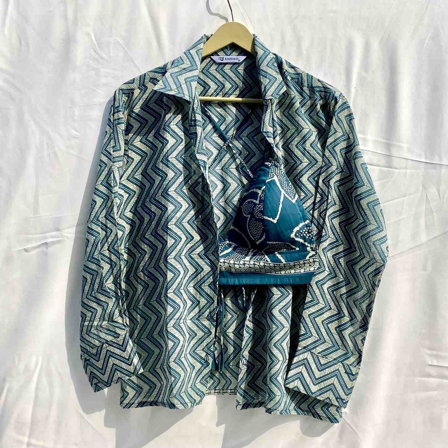 Grey Blue Zig Zag Mulmul Shirt and Bra Combo - KJ10292