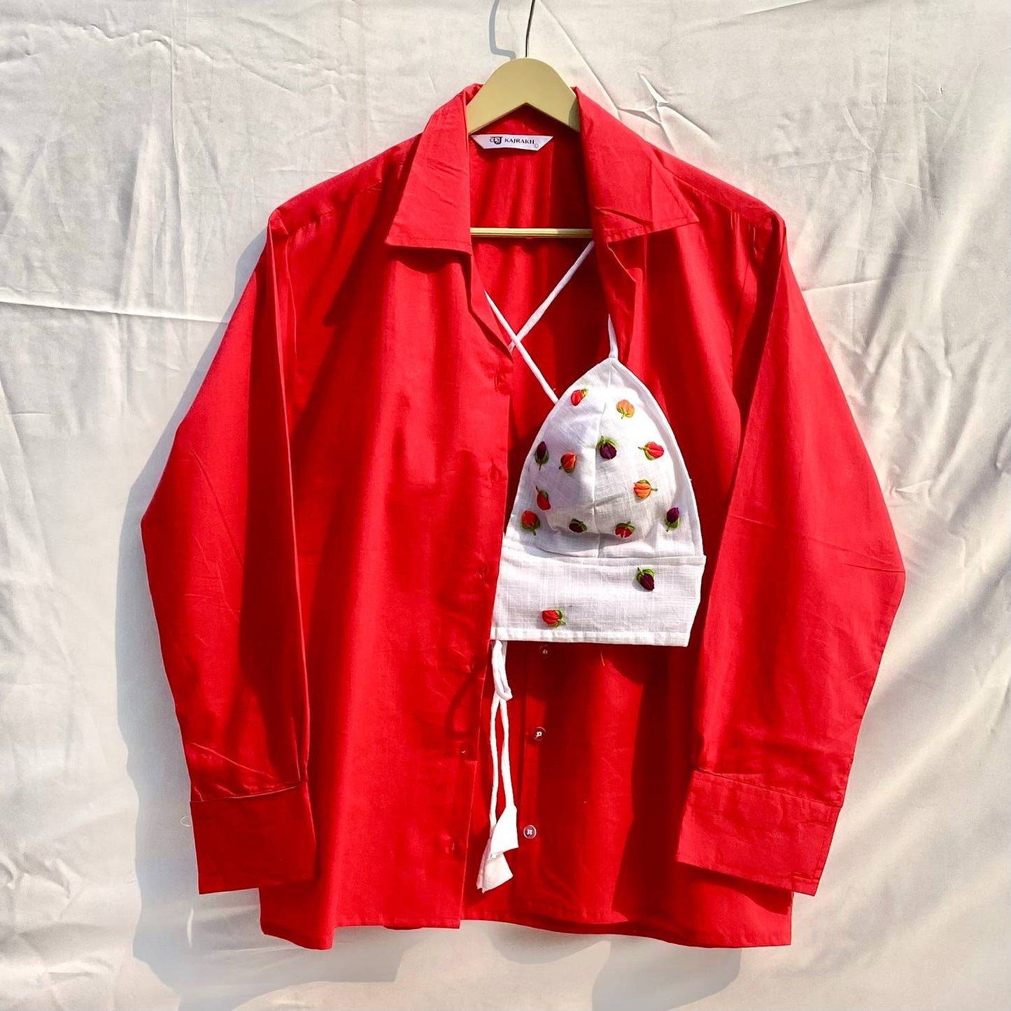 Red Shirt and Leaf Hand Embroidery Bra Combo - KJ10297