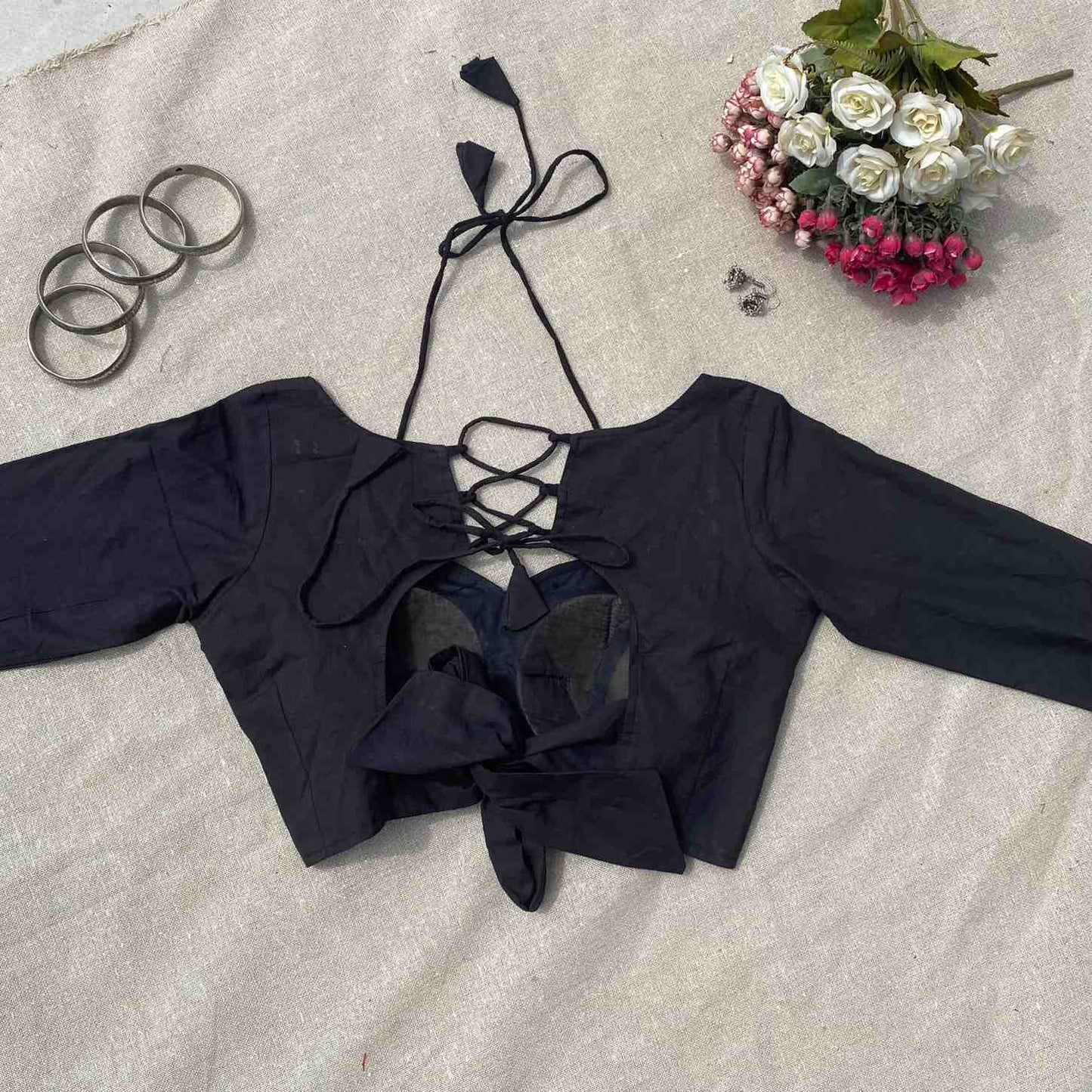 Black Sequin Work Full Sleeves Cotton Blouse - 800 - FAL10193