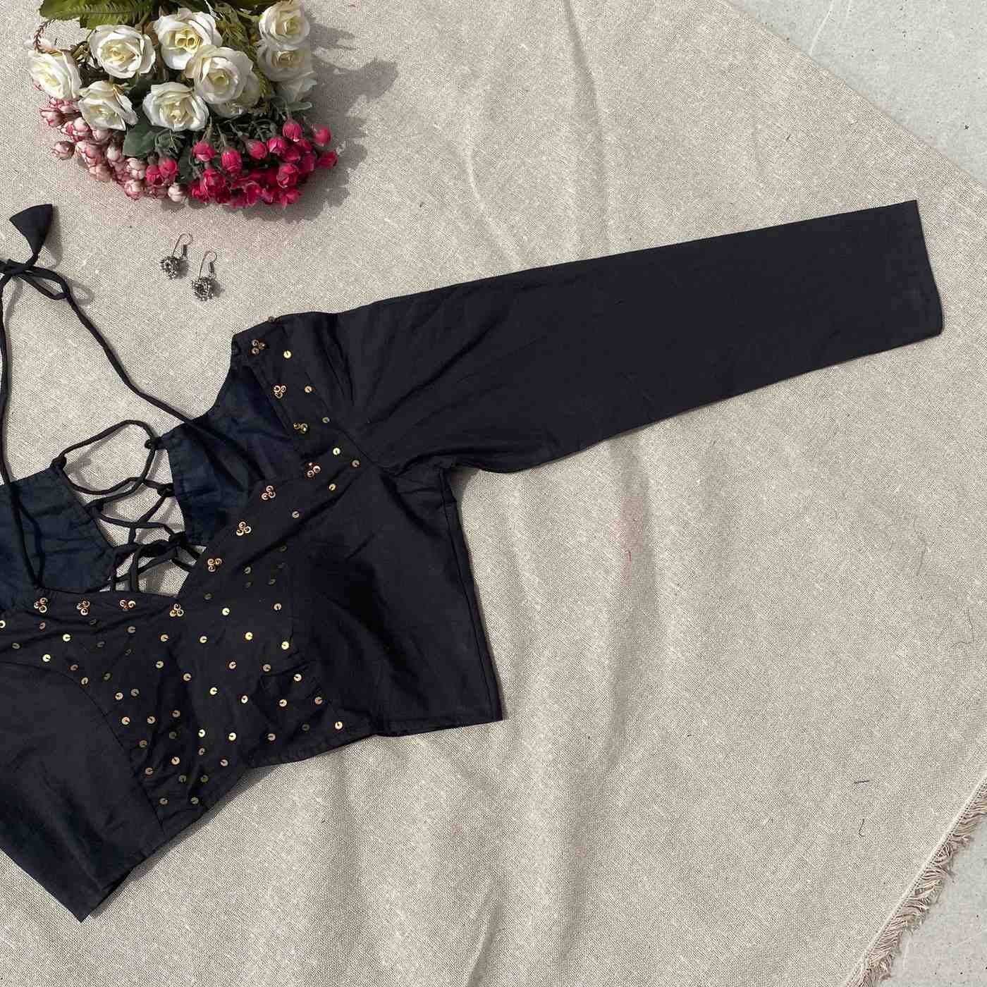 Black Sequin Work Full Sleeves Cotton Blouse - 800 - FAL10193