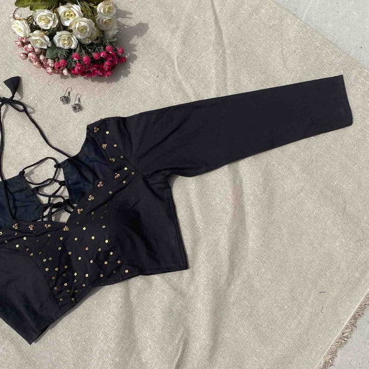 Black Sequin Work Full Sleeves Cotton Blouse - 800 - FAL10193