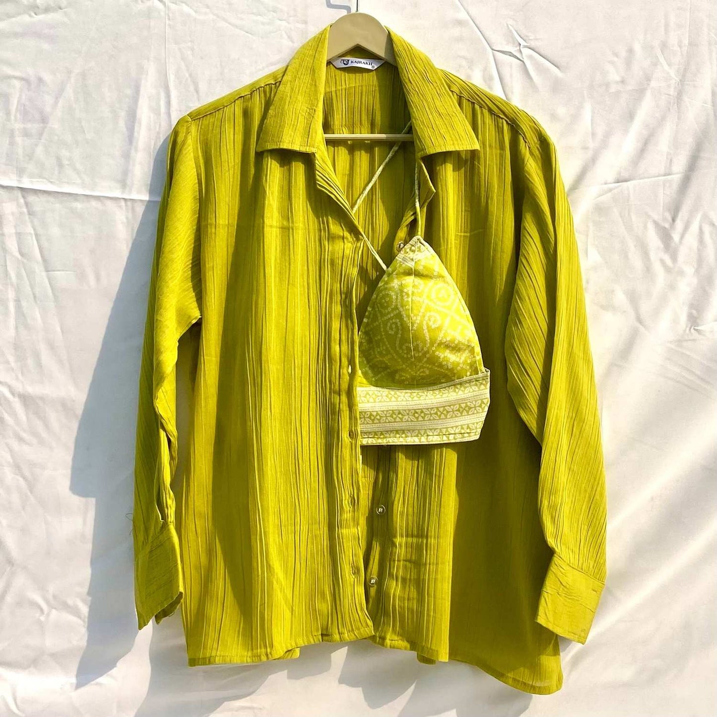 Parrot Green Crush Shirt and Bandhej Bra Combo - KJ10296