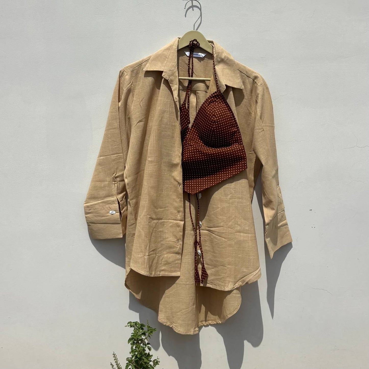 Beige Slub Shirt and Brown Polka Camel Bra Combo - KJ10420