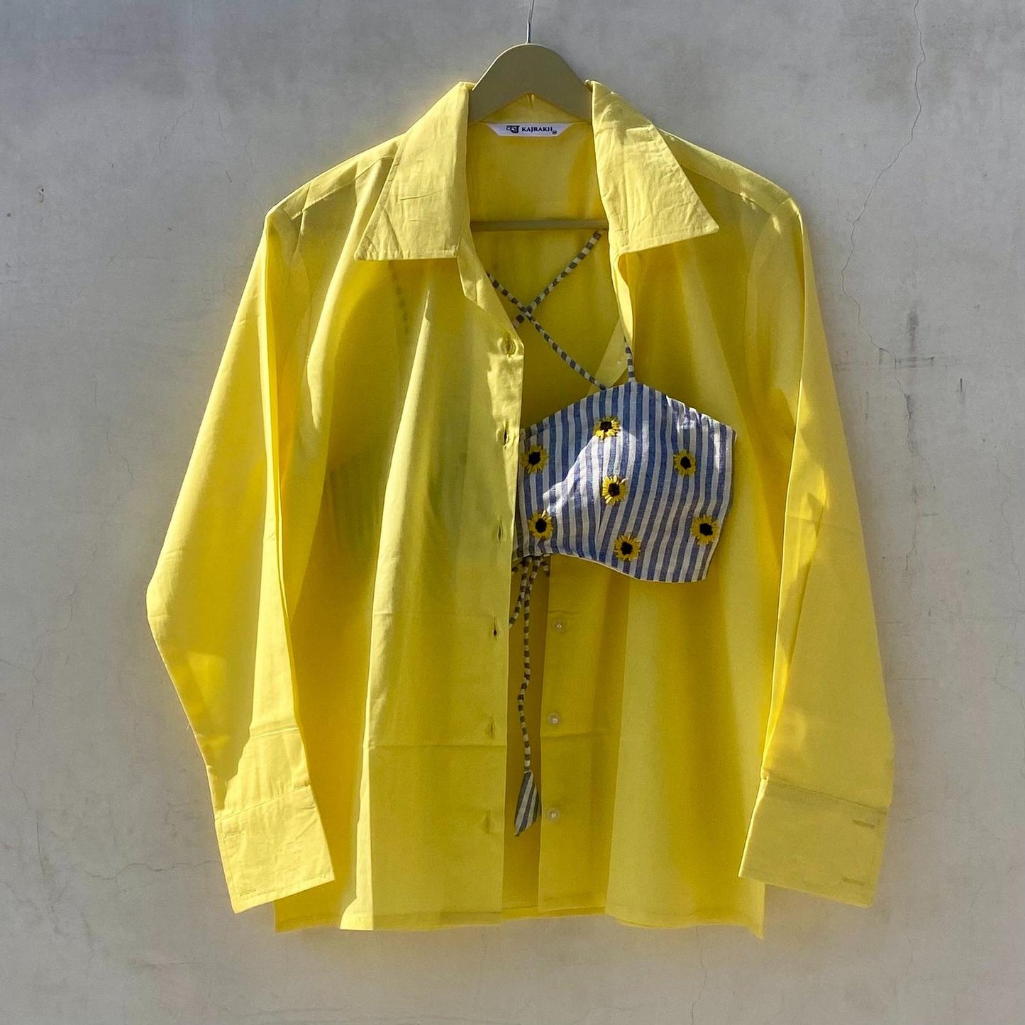 Yellow Blue Stripe Sunflower Hand Embroidery Shirt and Bra Combo - KJ10202