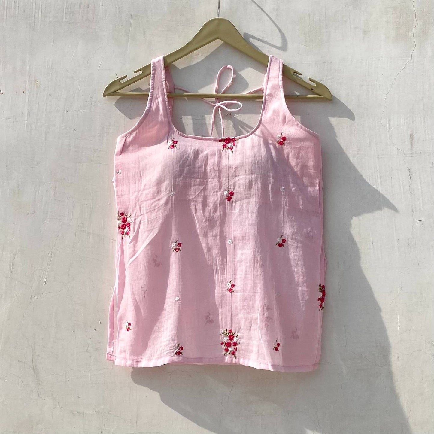 Pink Halter Neck Hand Embroidery Mulmul With Removable Pads Kurti Top - KJ10158
