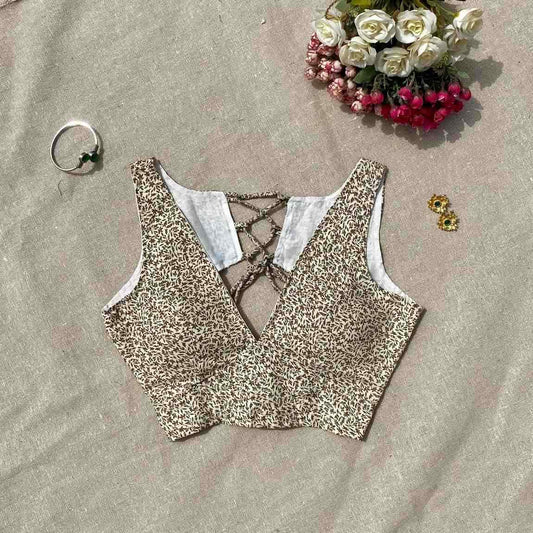 Cream Brown Jaal Deep V Neck Cotton Blouse - 700 - FAL10190