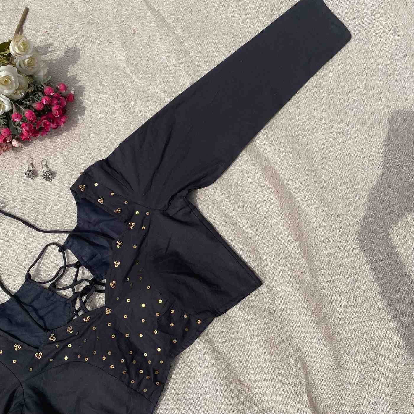 Black Sequin Work Full Sleeves Cotton Blouse - 800 - FAL10193