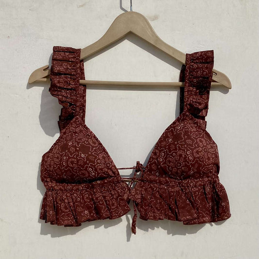 Brown Abstract Frill Removable Pads Bra - KJ0962