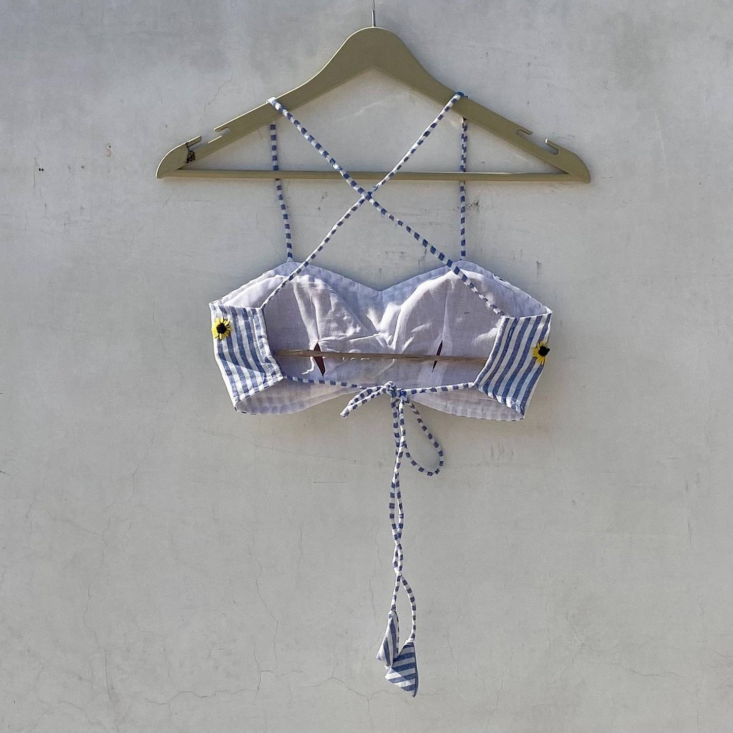 Sunflower Blue Stripe Embroidery Removable Pads Bra - KJ10204
