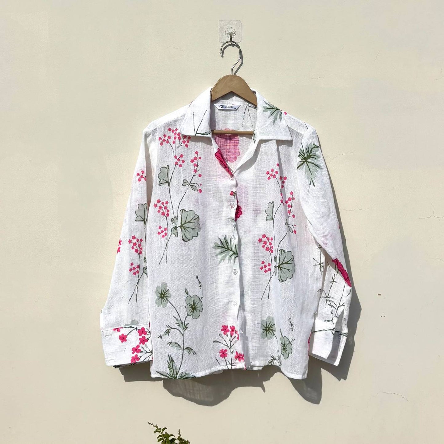 White Floral Pink Women Shirt - KJ10412