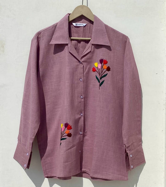 Wine Floral Embroidery Cotton Women Shirt - KJ0913