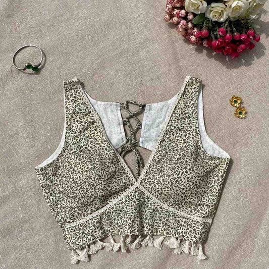 Cream Black With PomPom Jaal Deep V Neck Cotton Blouse - 700 - FAL10191