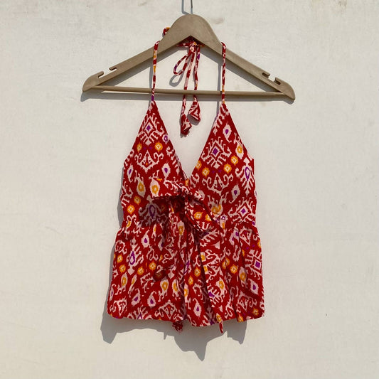 Red Patola Front Knot and Back Knot Removable Pads Top - KJ0942