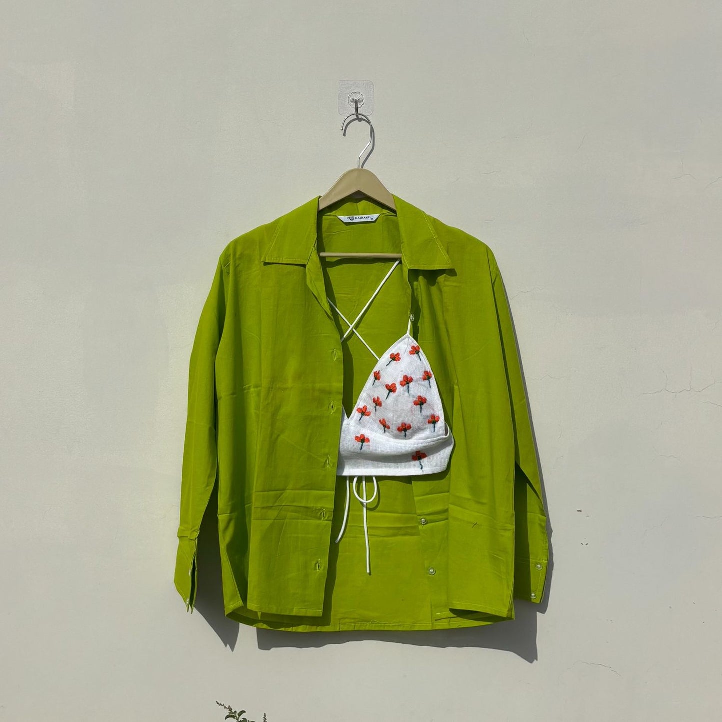 Neon Green Plain Shirt and Orange Embroidery Bra Combo - KJ10406