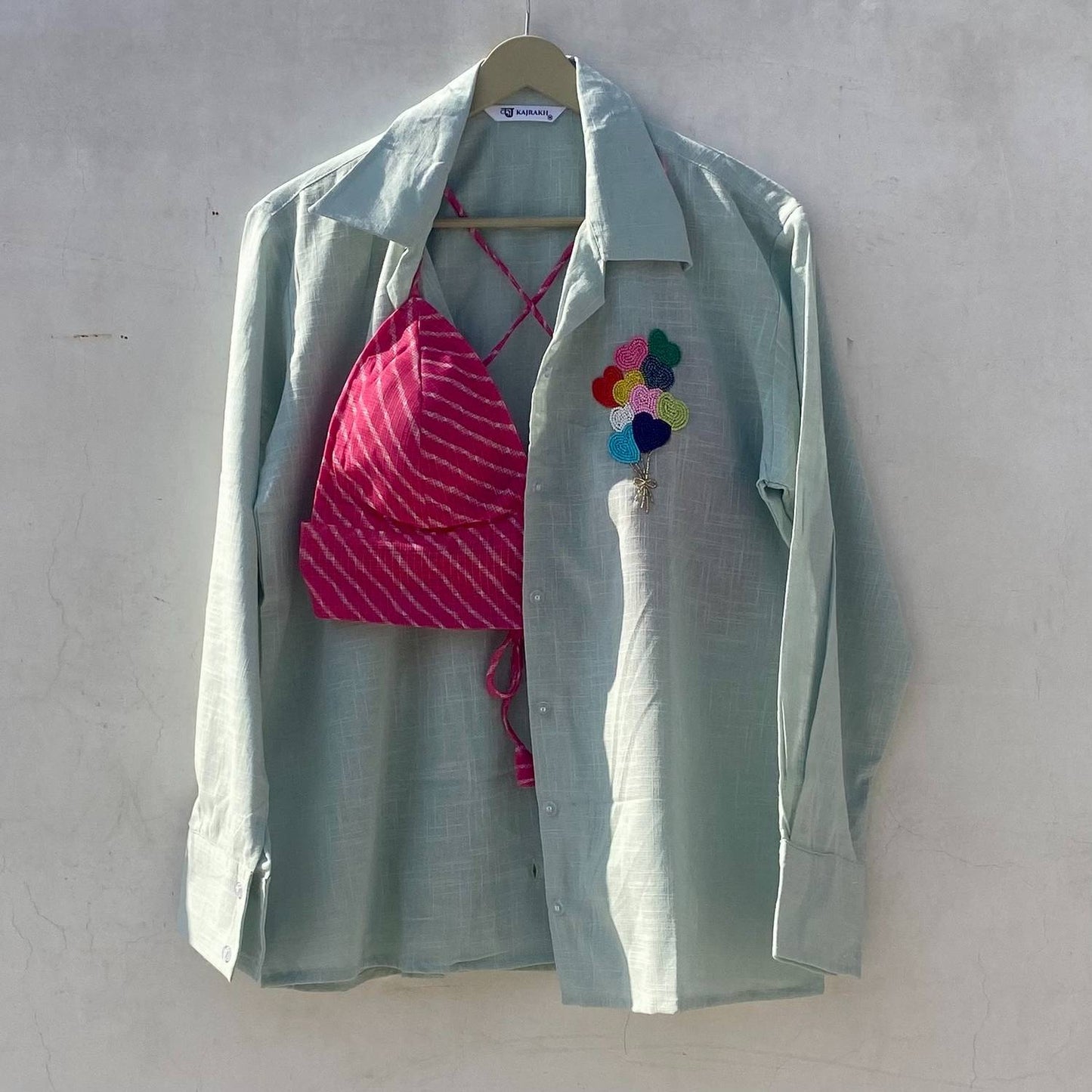 Sea Green Balloon Hand Embroidery Shirt and Bra Combo - KJ10200
