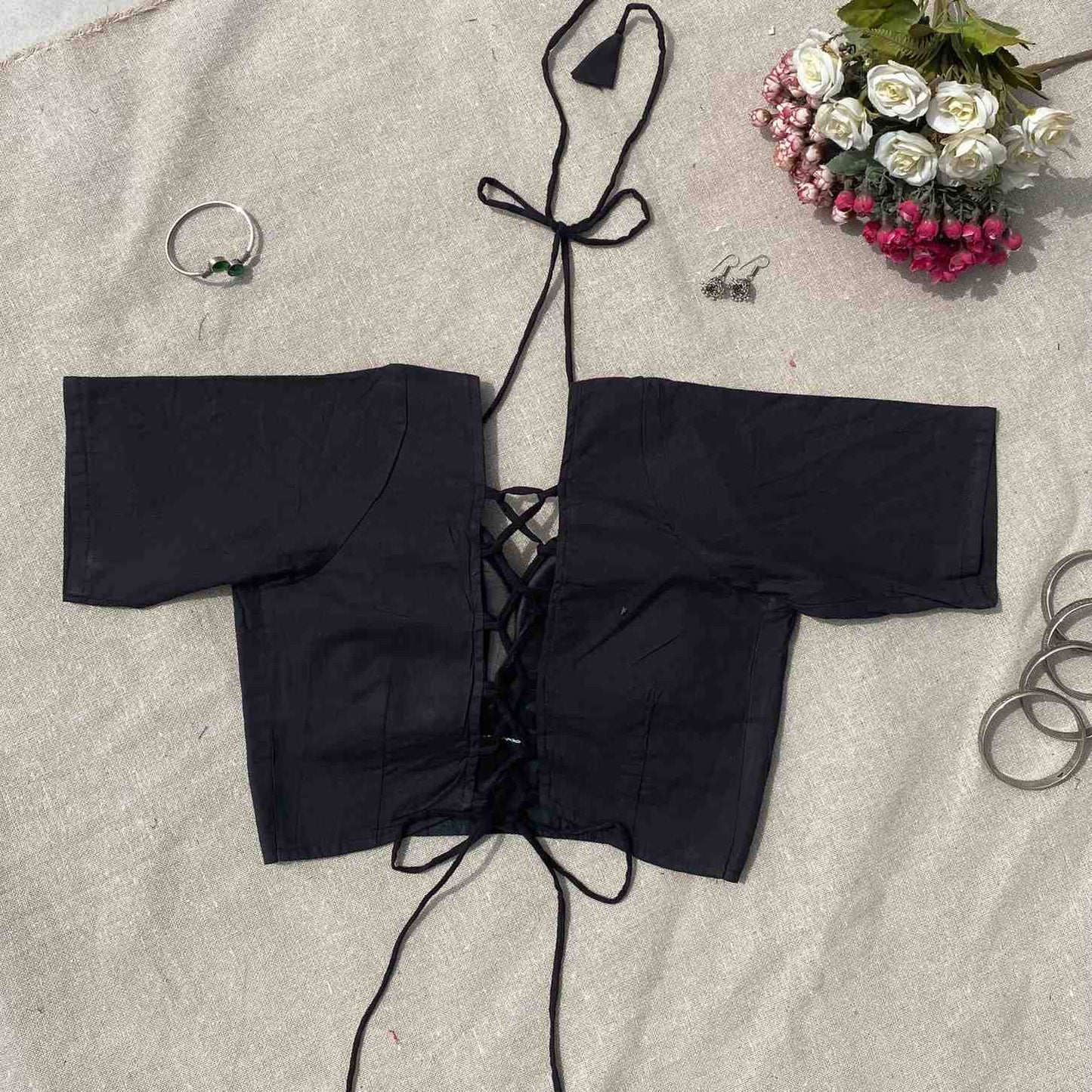 Black Ajrakh Tukki Cotton Blouse - 800 - FAL10192