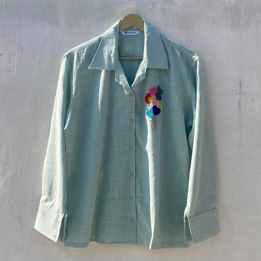 Sea Green Balloon Hand Embroidery Slub Women Shirt - KJ10195