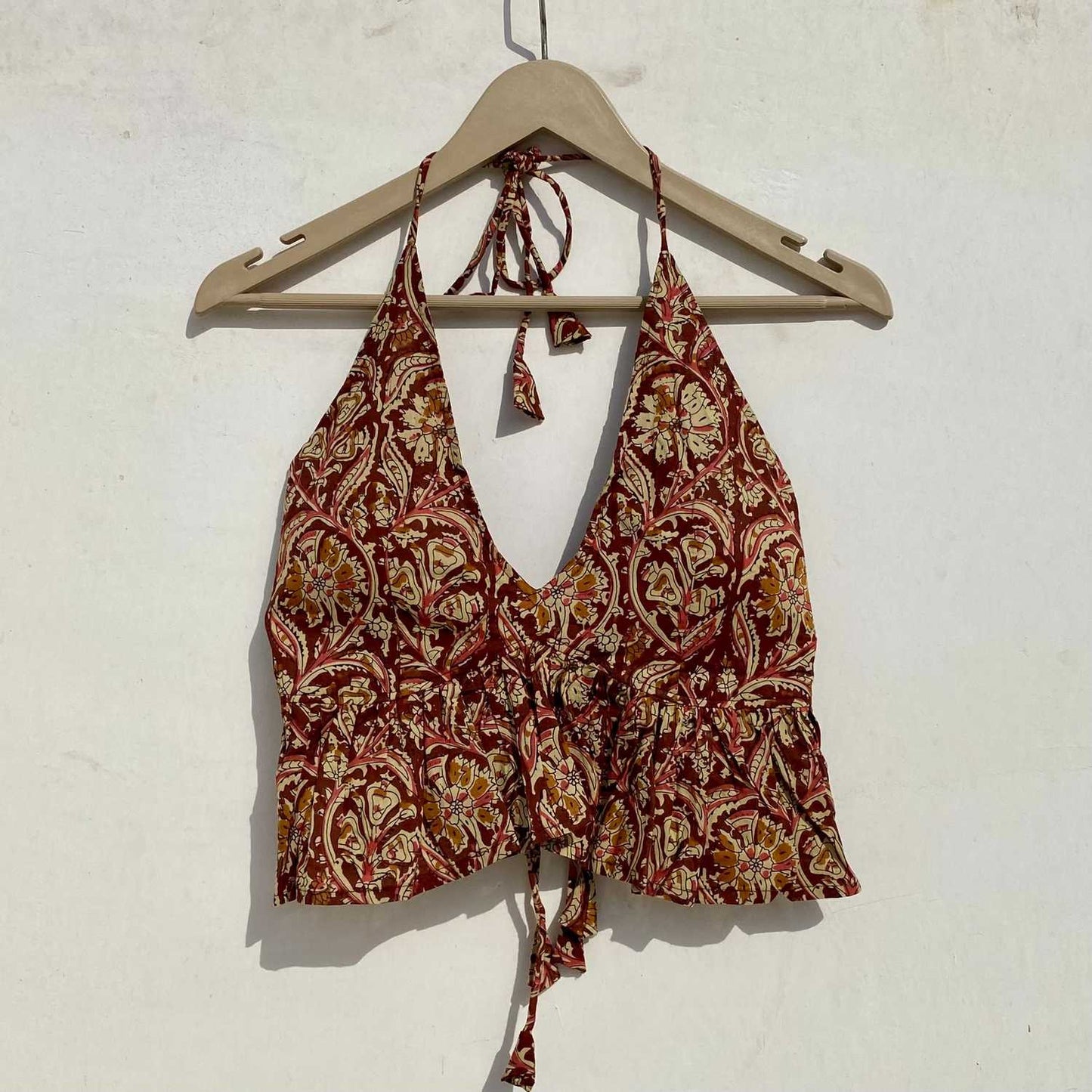 Brown Kalamkari Frill and Back Knot Removable Pads Bra - KJ0963