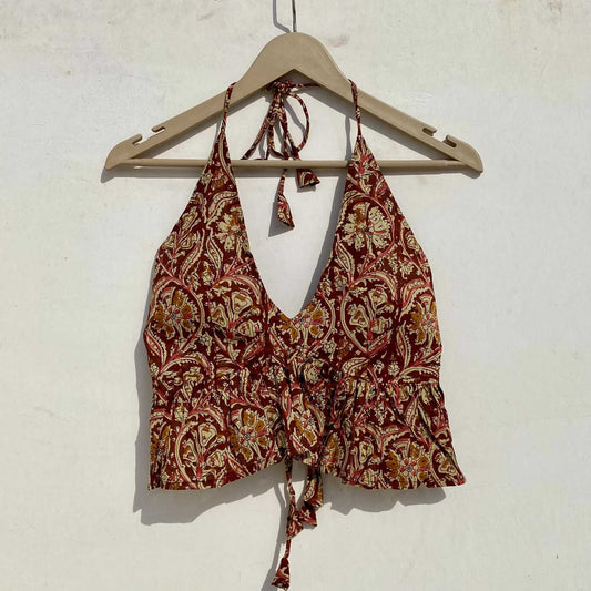 Brown Kalamkari Frill and Back Knot Removable Pads Bra - KJ0963