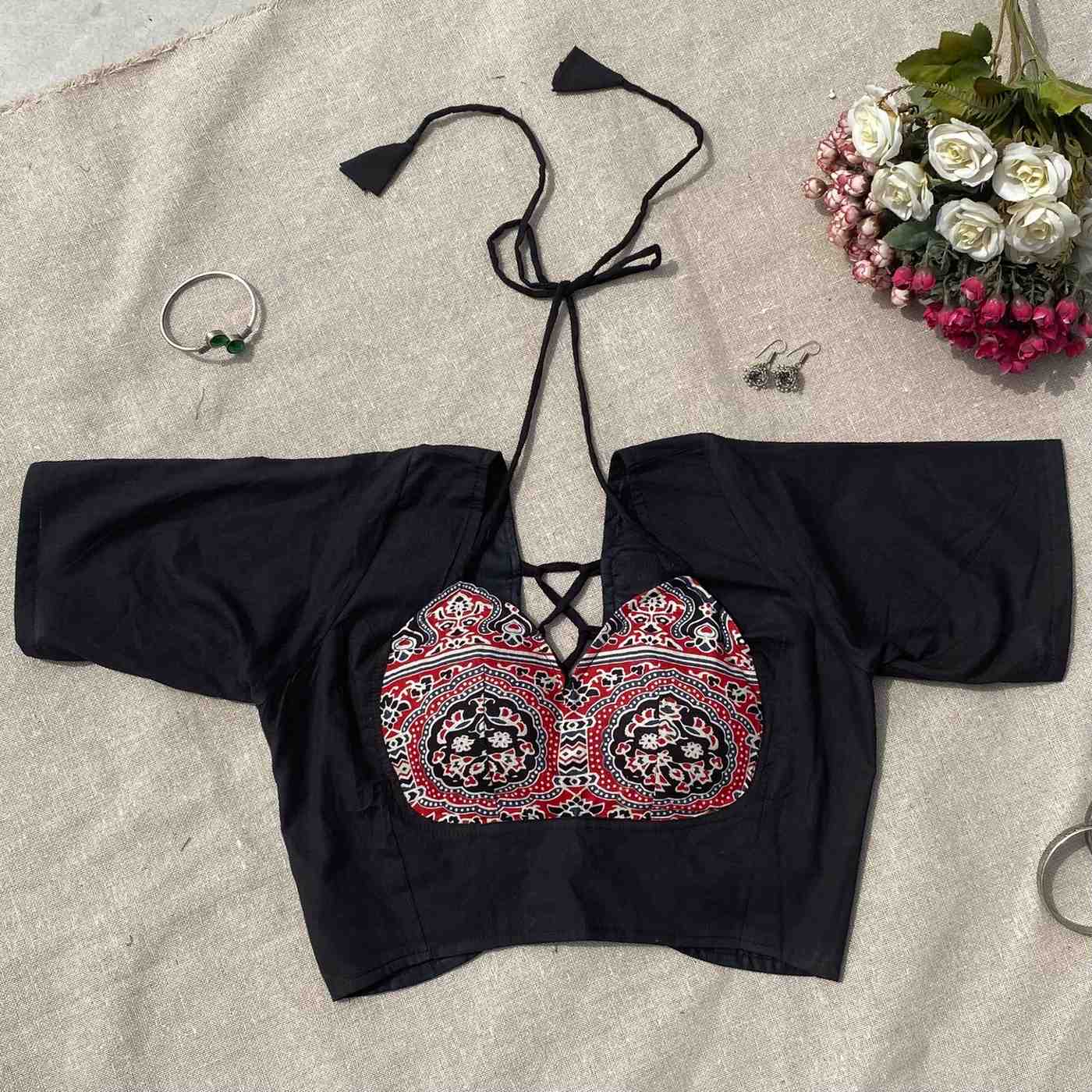 Black Ajrakh Tukki Cotton Blouse - 800 - FAL10192